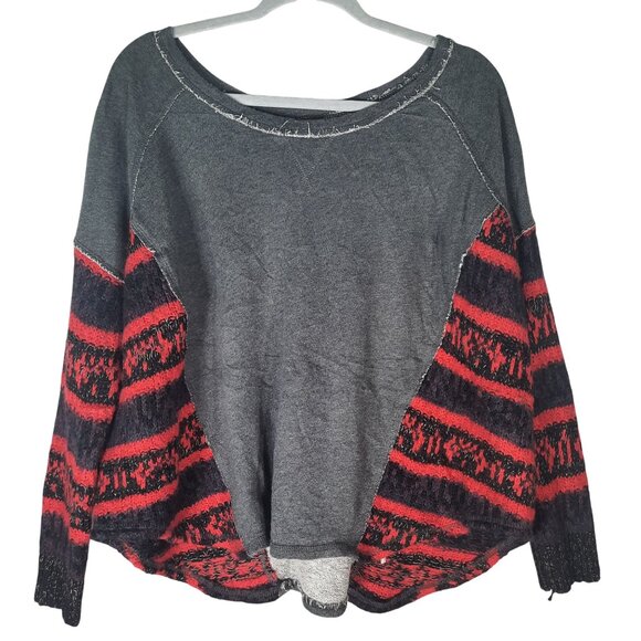 Free People Boho Gray Raw Hem Sweatshirt Red & Purple Thermal Womens - Picture 2 of 8